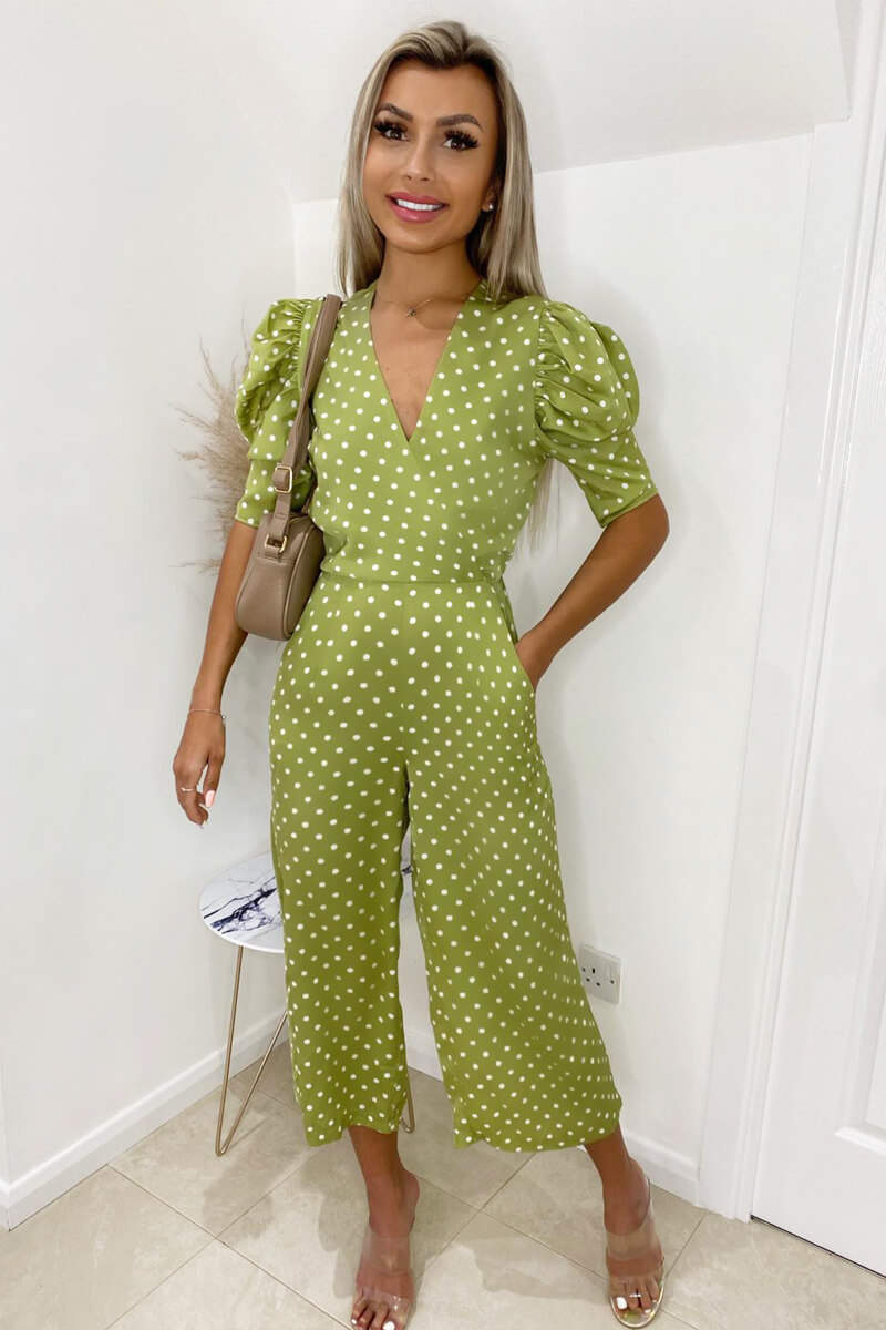 Kikodress - Olive Polka Dot Puff Sleeve Jumpsuit