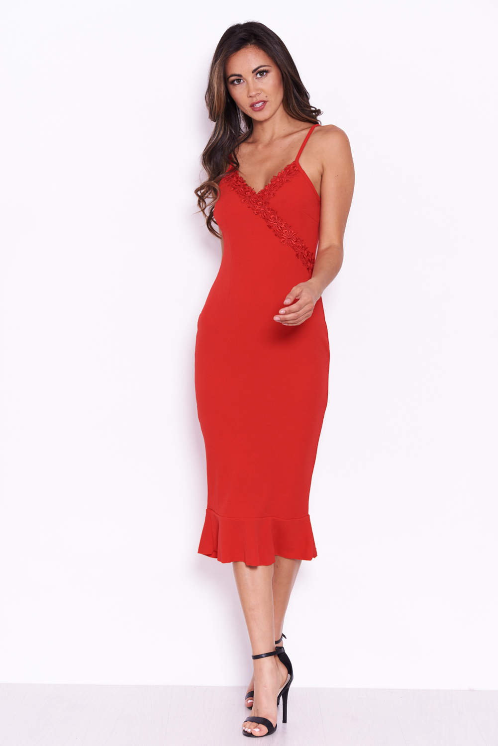 Kikodress - Red Midi Dress With Frill Hem And Floral Crochet Detail