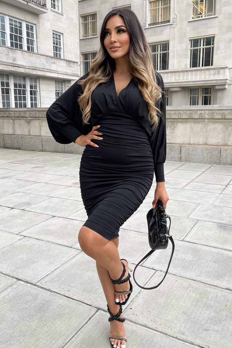 Kikodress - Black Ruched Bat Wing Sleeve Midi Dress