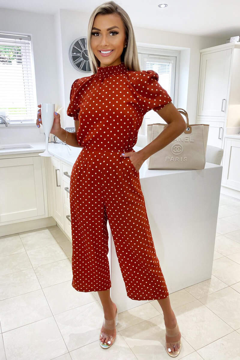 Kikodress - Rust Polka Dot High Neck Culotte Jumpsuit