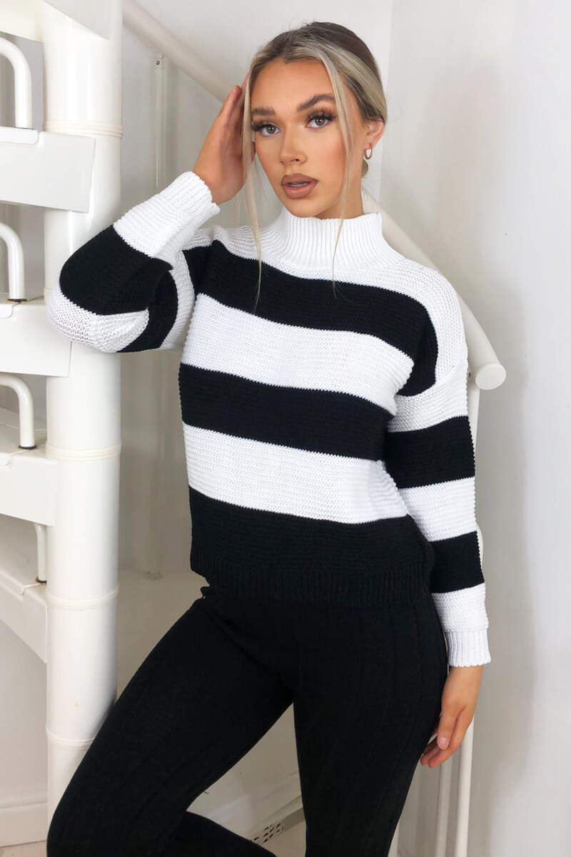 Kikodress - Black Striped High Neck Knit Jumper