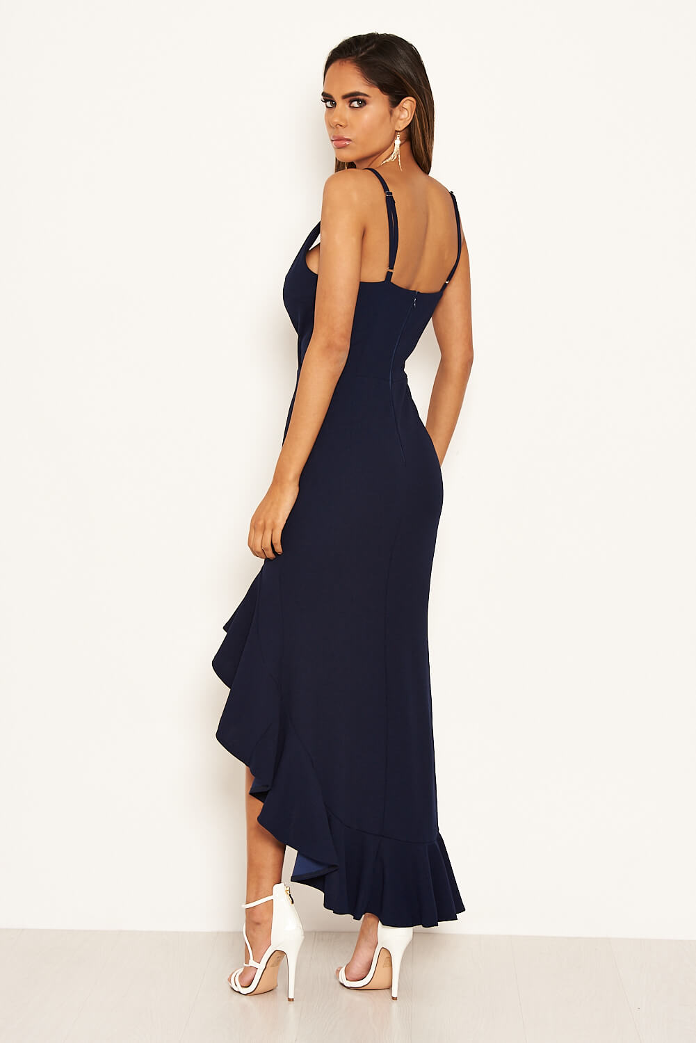 Kikodress - Navy Asymmetric Frill Hem Midi Dress