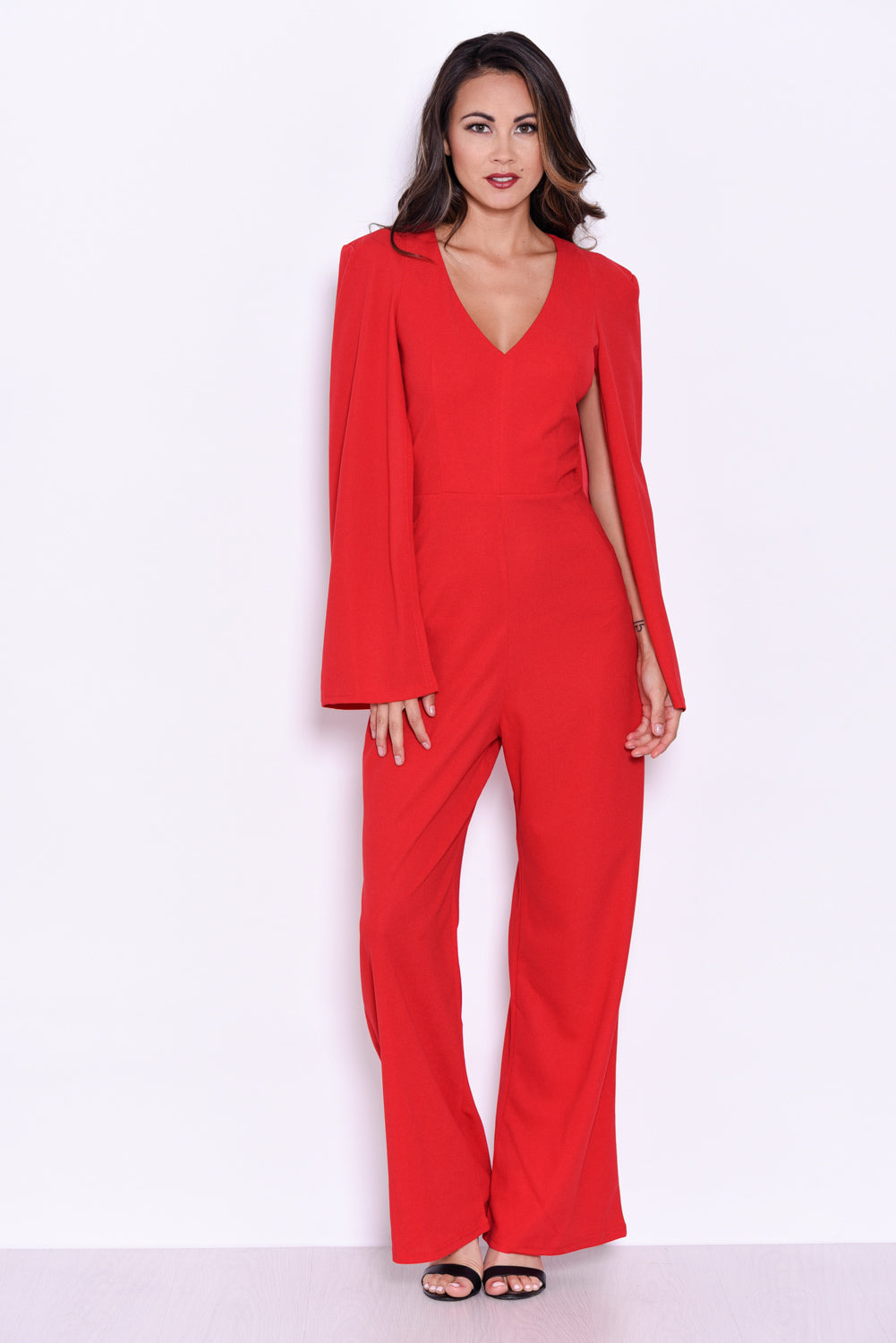 Kikodress - Red Plunge Wide Leg Jumpsuit