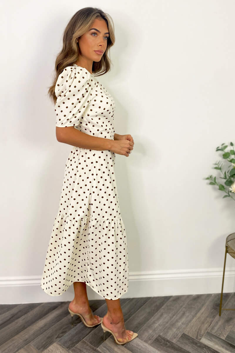 Kikodress - Cream And Brown Polka Dot Midi Smock Dress