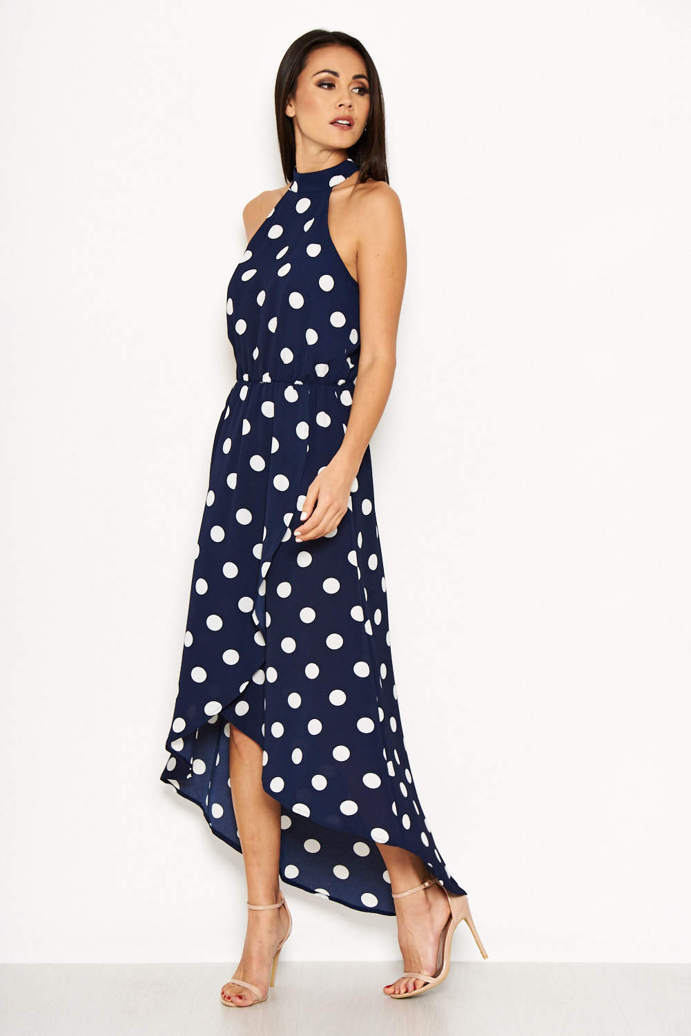 Kikodress - Navy Polka Dot Print High Neck Maxi Dress