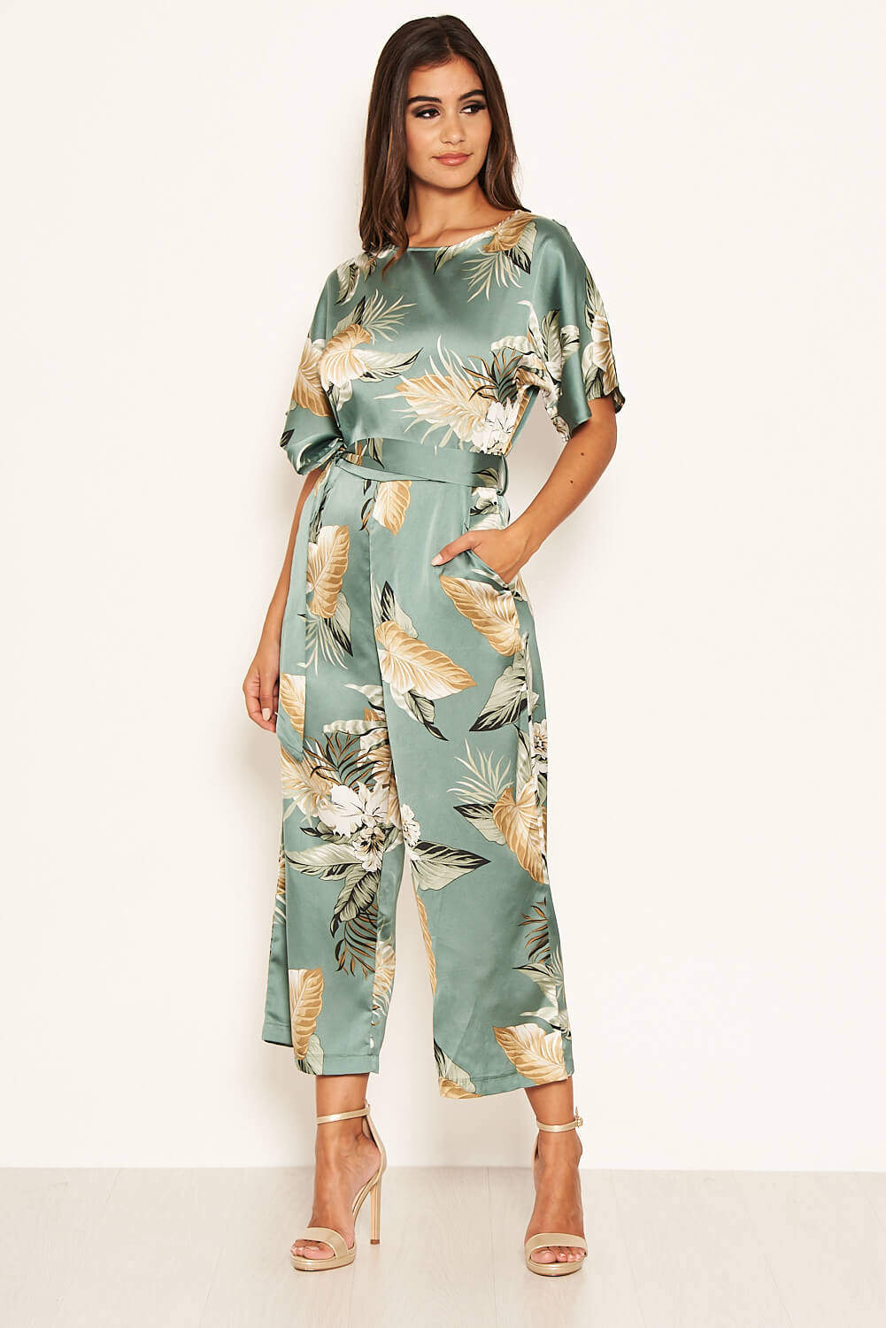Kikodress - Duck Egg Floral Print Culotte Jumpsuit