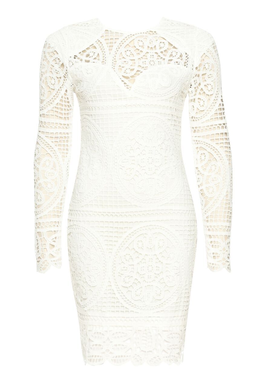 Kikodress - Cream Long Sleeved Crochet Bodycon