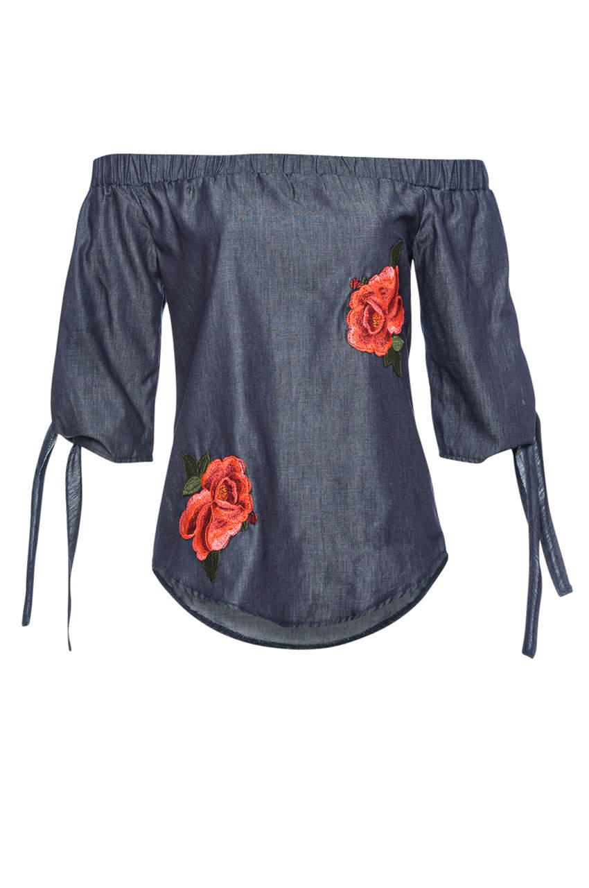Kikodress - Off The Shoulder Denim Embroidered Top