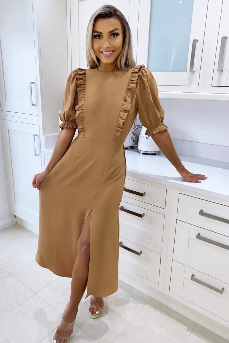 Kikodress - Mocha Ruffle Split Leg Midi Dress