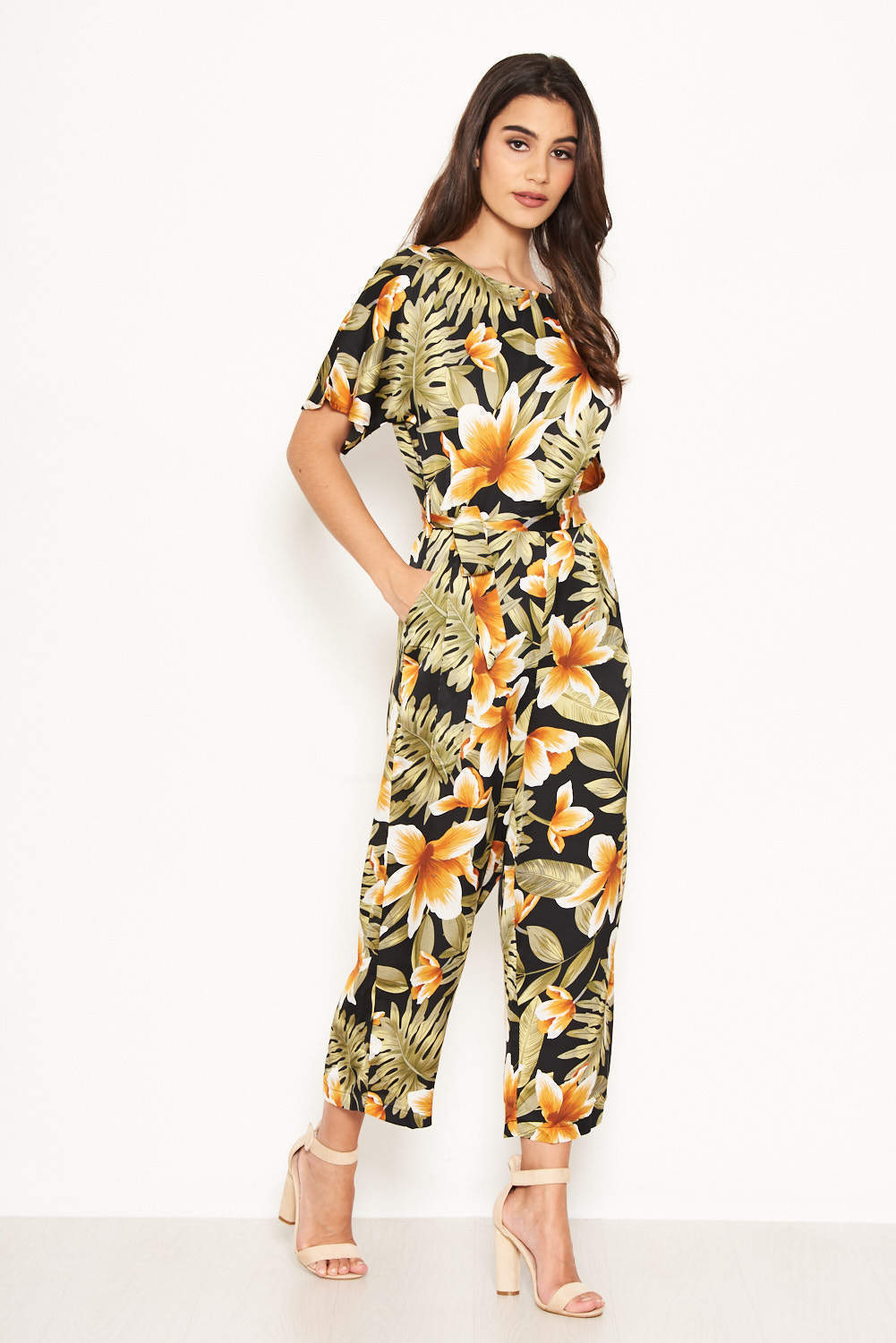Kikodress - Tropical Print Belted Jumpsuit