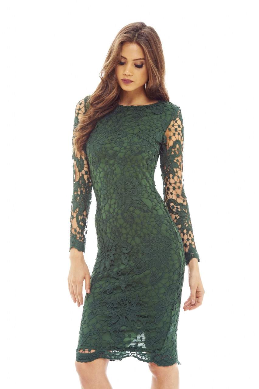 Kikodress - Green Crochet Dress with Long Sleeves Detail