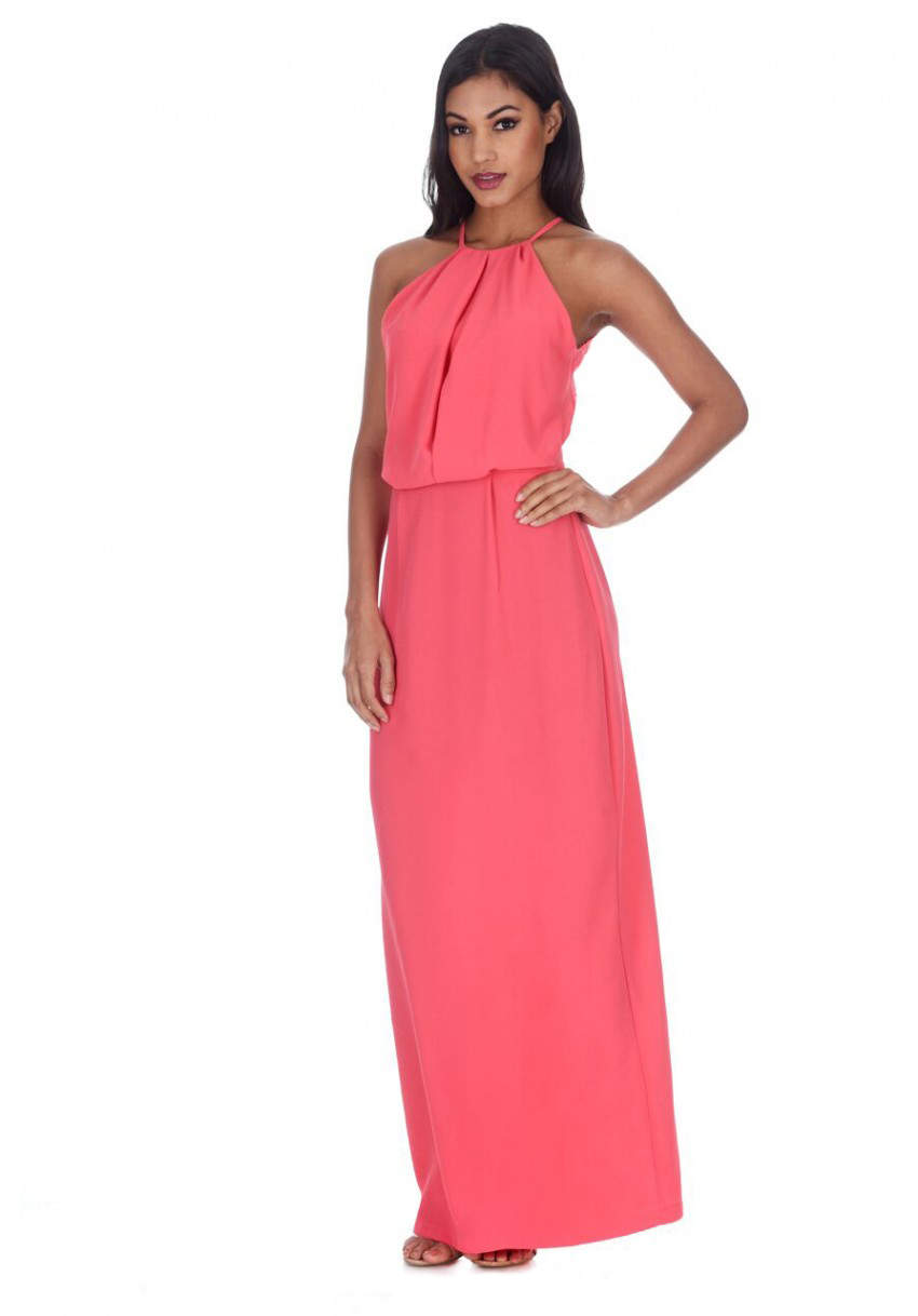 Kikodress - Coral Halterneck Strappy Lace Detail Maxi Dress