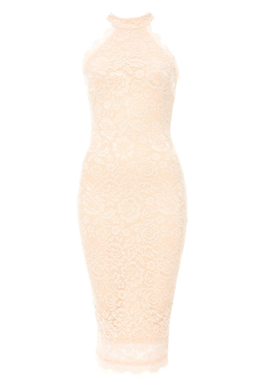 Kikodress - Nude High Neck Lace Midi Dress