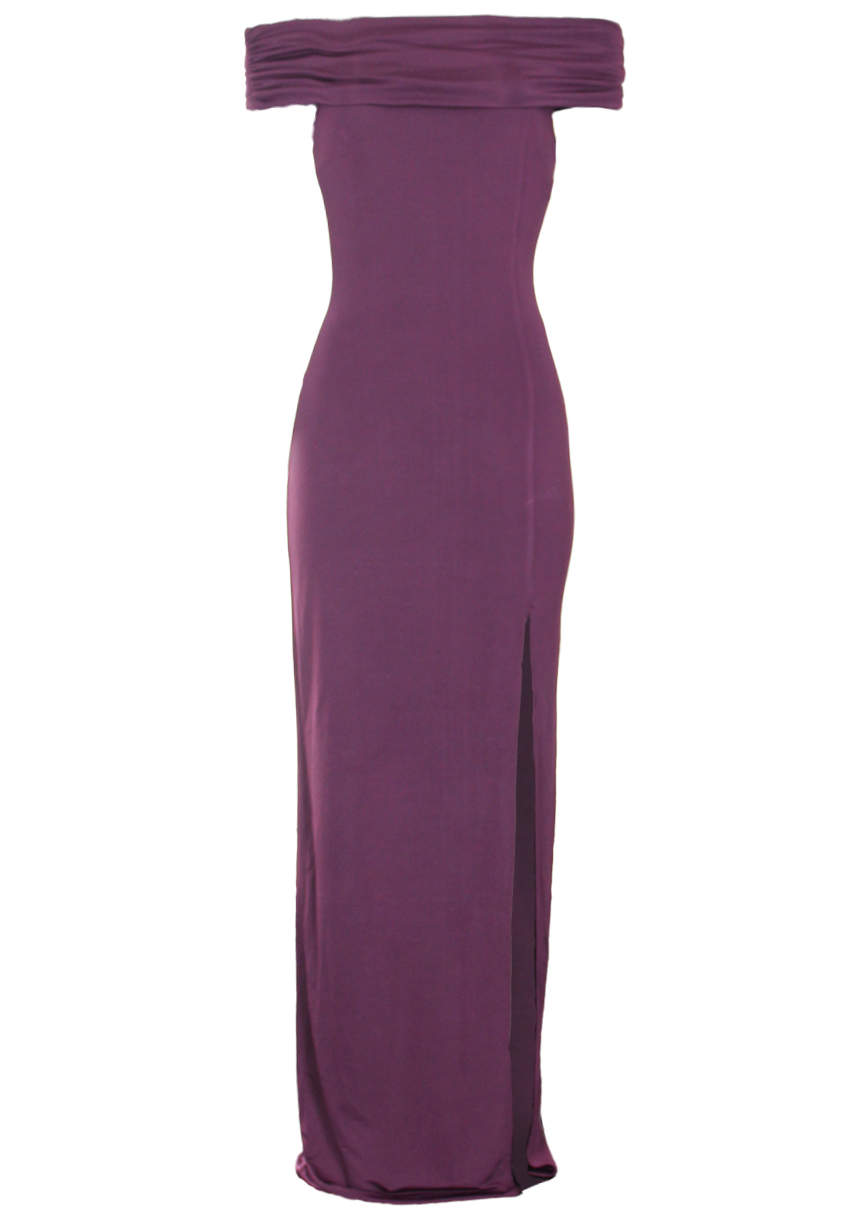 Kikodress - Plum Off The Shoulder Slinky Maxi Dress