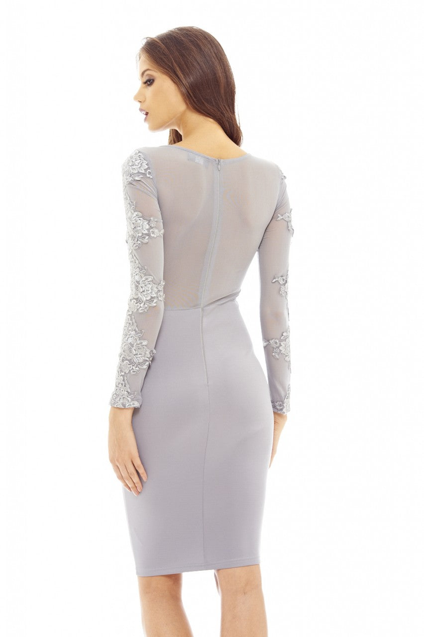 Kikodress - Grey Lace and Mesh Midi Dress