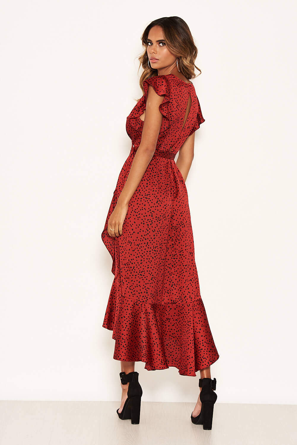 Kikodress - Red Spotty Frill Wrap Dress With D Ring Belt