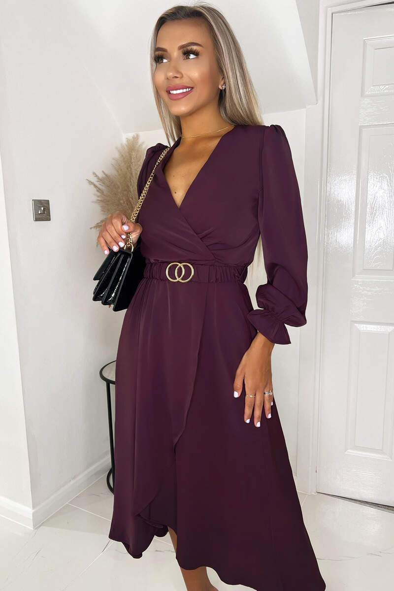 Kikodress - Plum Long Sleeve Belted Midi Dress