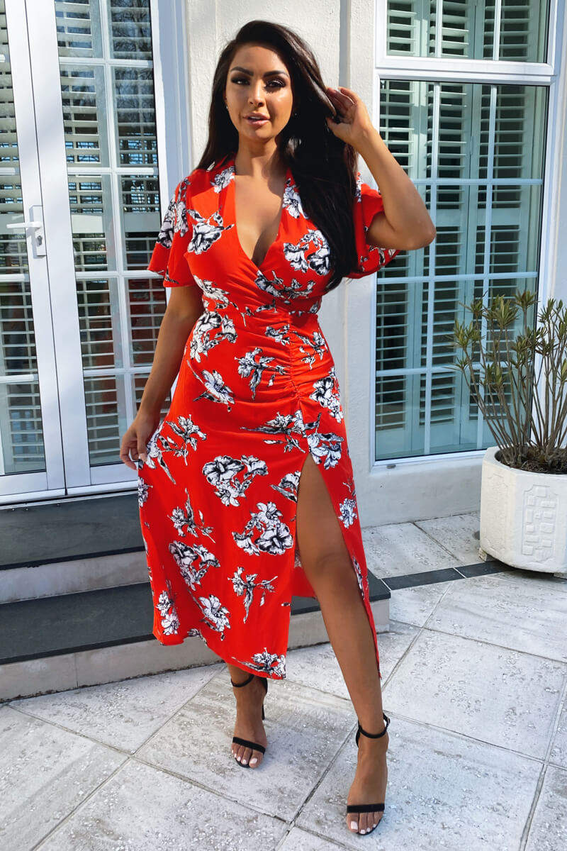 Kikodress - Red Floral Print Bell Sleeve Midi Dress