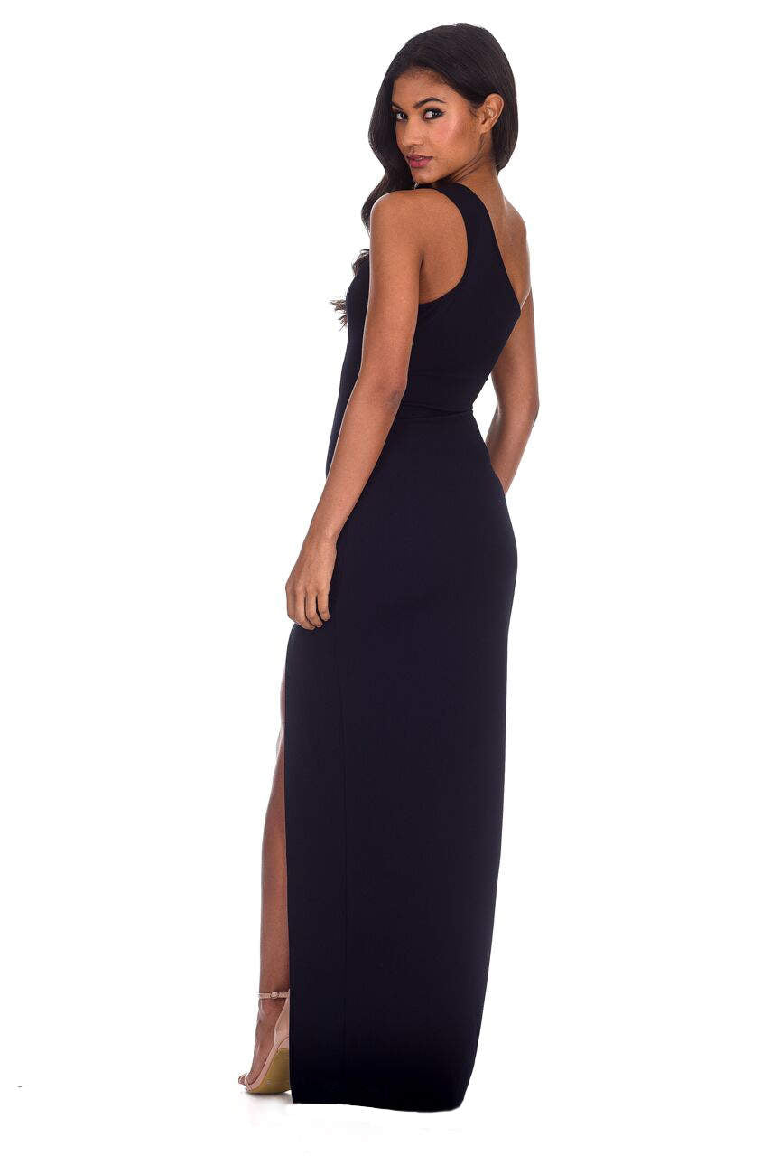 Kikodress - Navy Asymmetric Thigh Split Maxi Dress