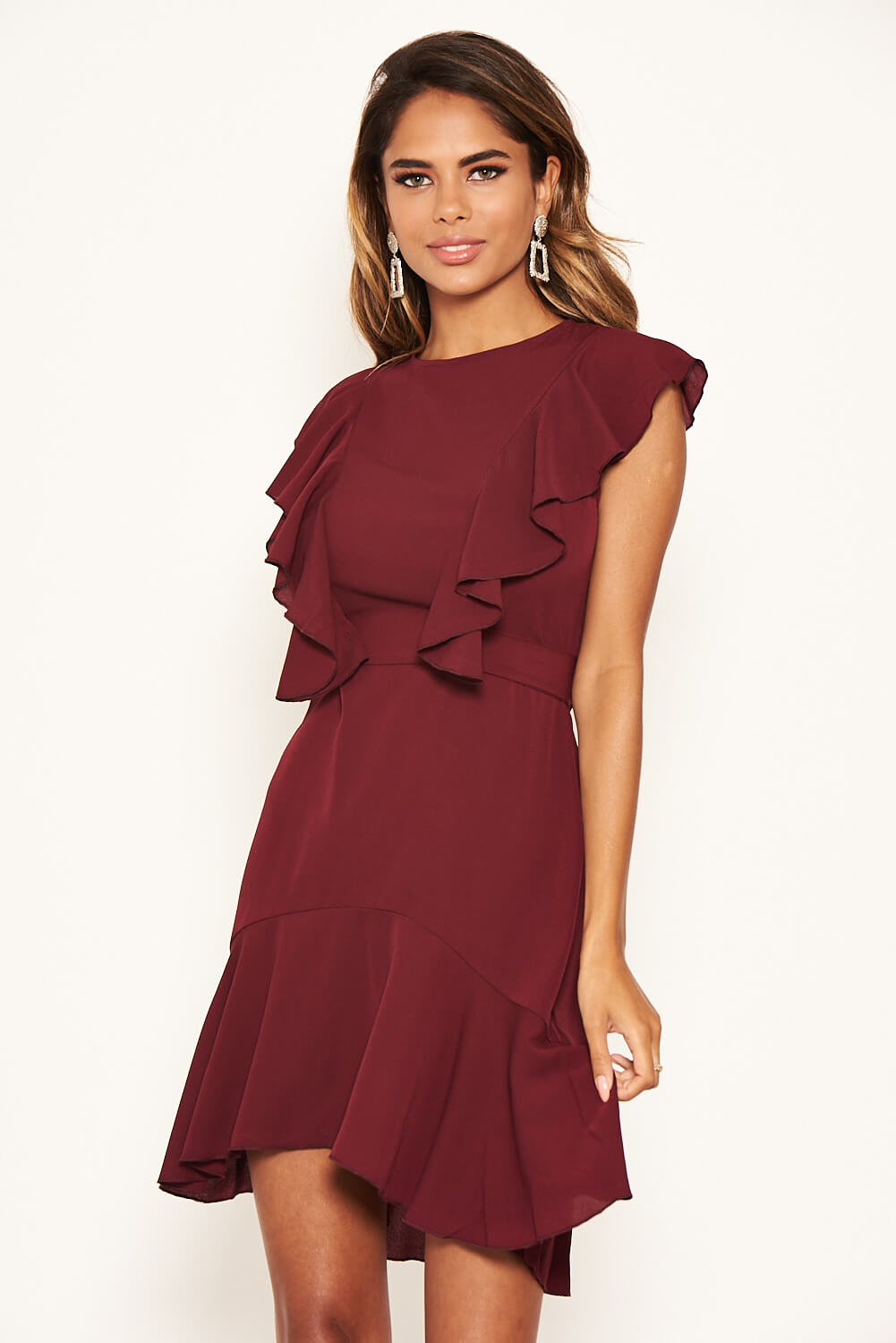 Kikodress - Plum Wrap Frill Detail Dress