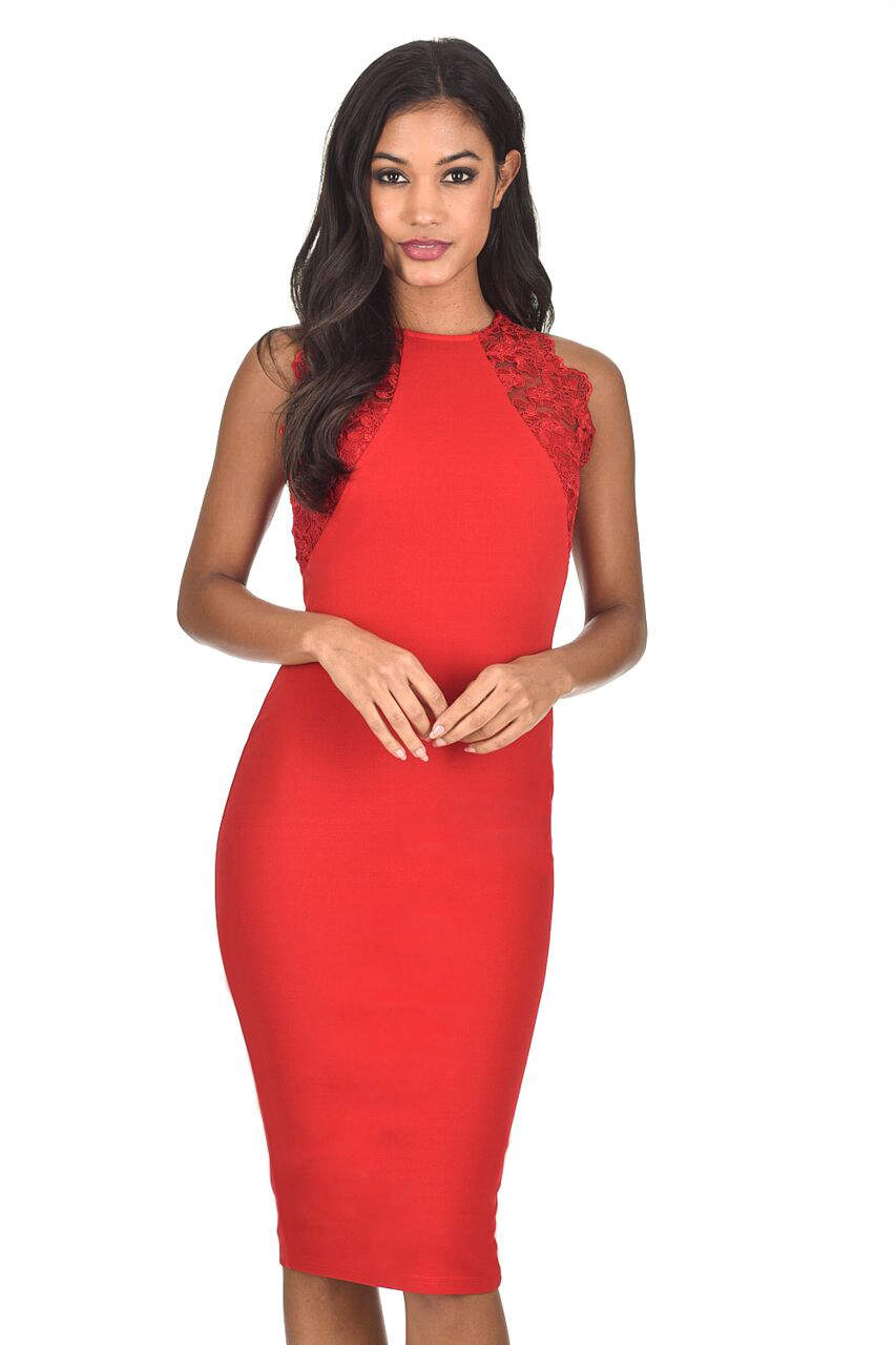 Kikodress - Red Lace Panel Midi Dress