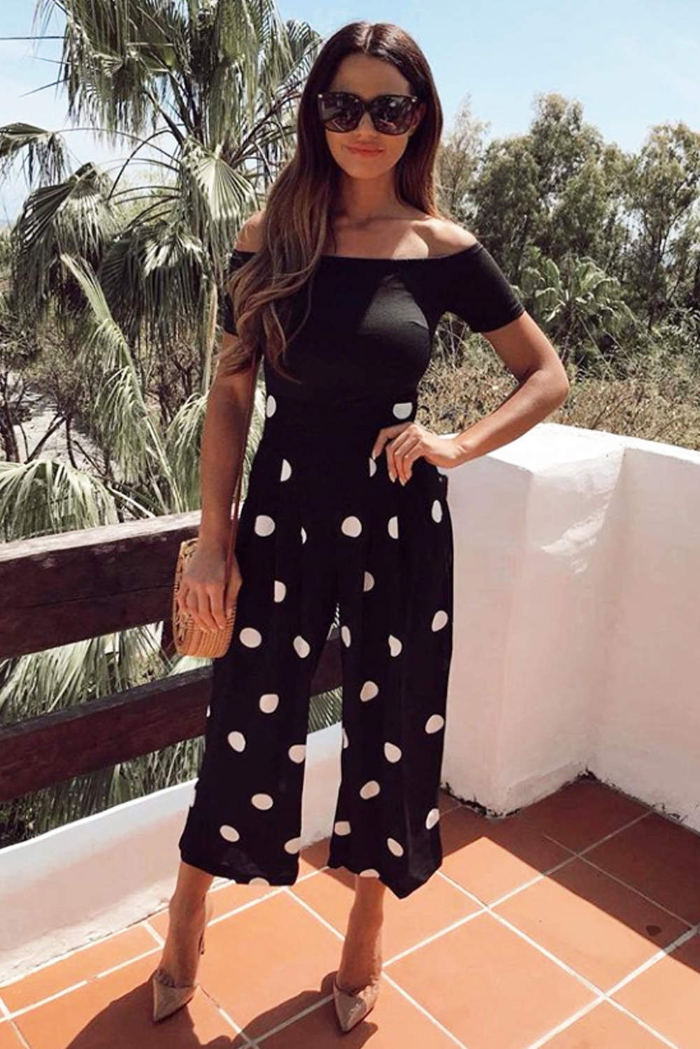 Kikodress - Black Spot Print Bardot Jumpsuit