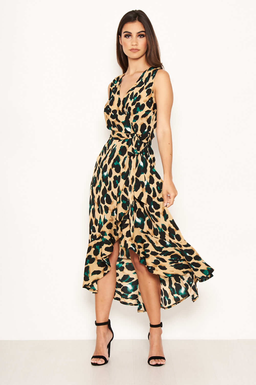 Kikodress - Leopard Print Wrap Frill Maxi Dress