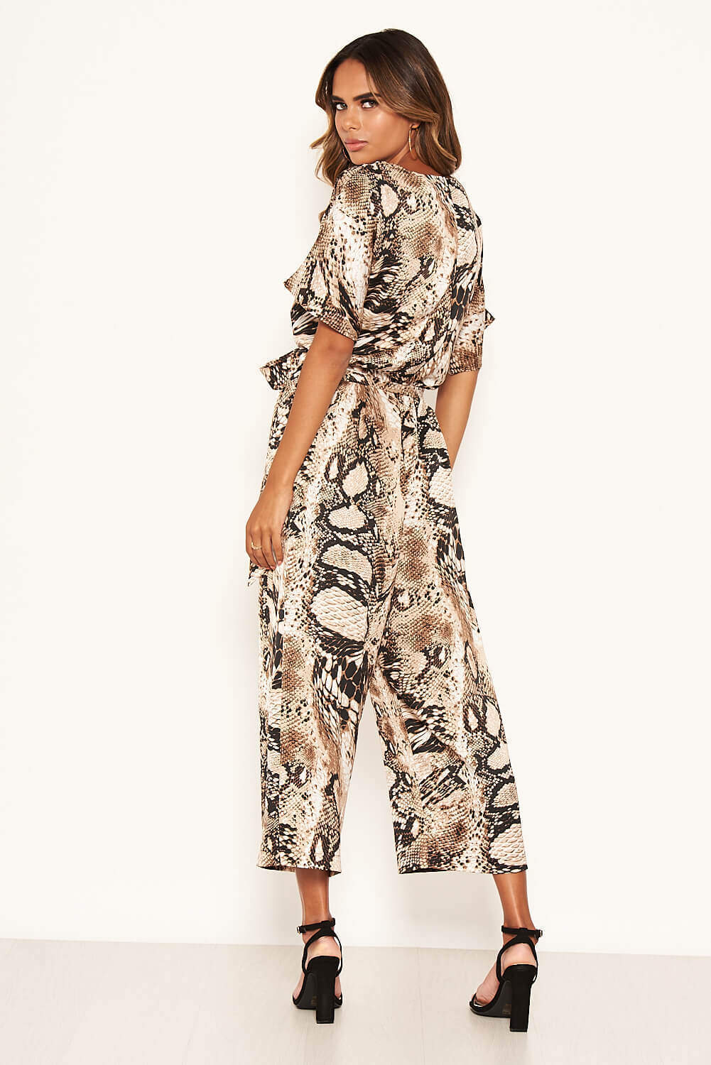 Kikodress - Snake Printed Culotte Jumpsuit With Tie Belt