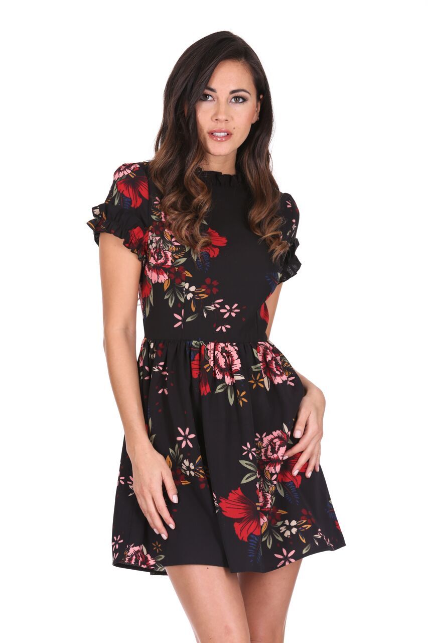 Kikodress - Black Floral Frill Sleeve High Neck Dress