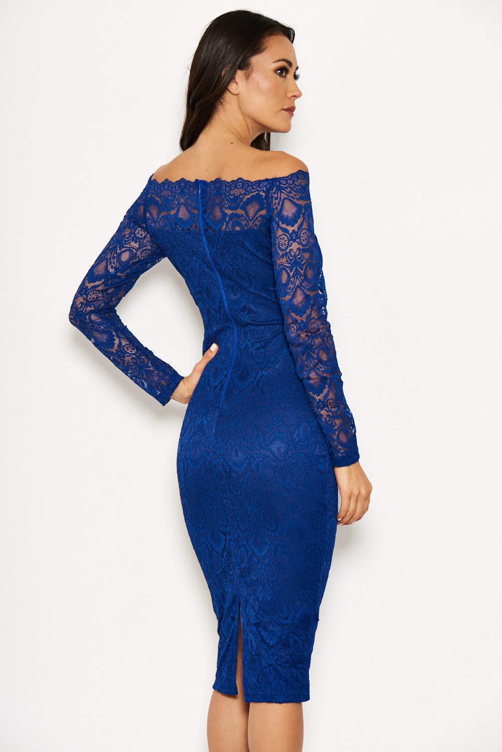 Kikodress - Blue Lace Long Sleeved Midi Dress