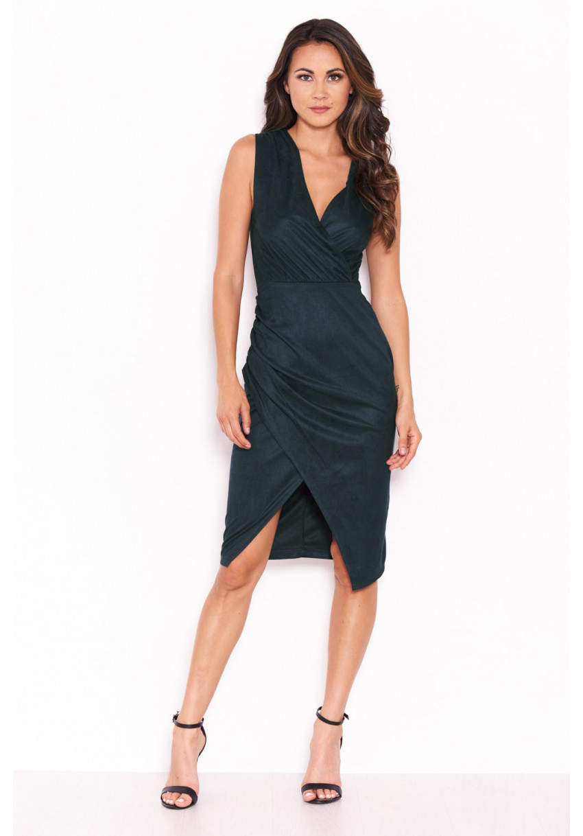 Kikodress - Teal Suede V Neck Wrap Dress