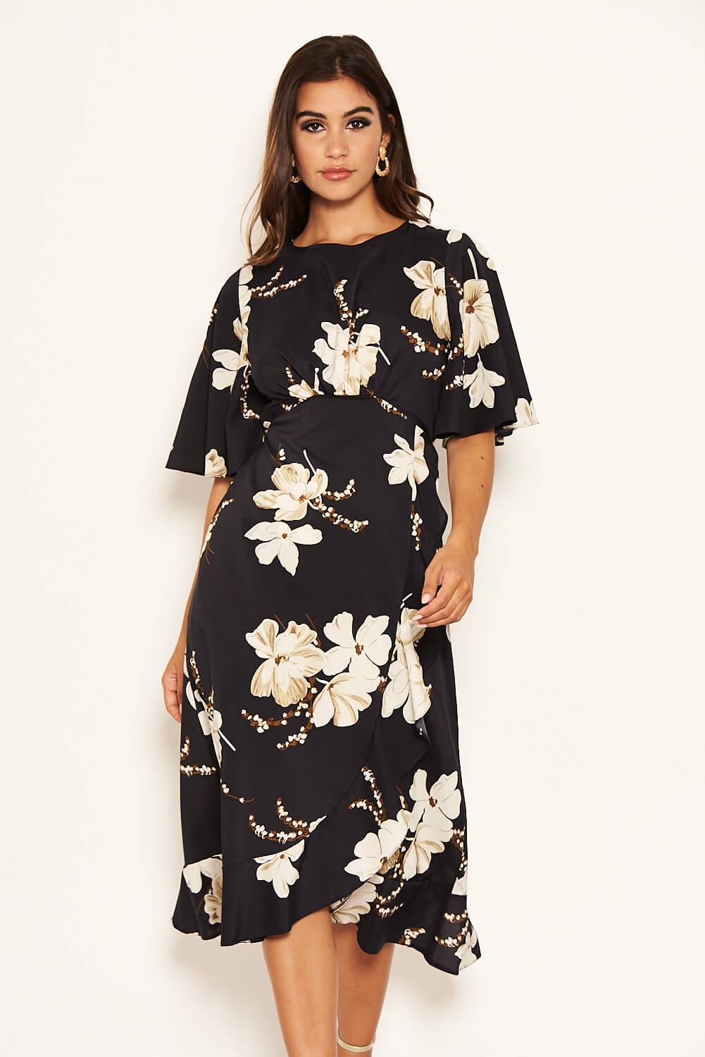 Kikodress - Navy Floral Gathered Frill Midi Dress