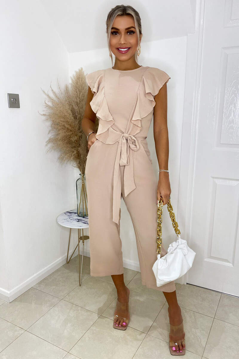 Kikodress - Nude Frill Front Belted Jumpsuit
