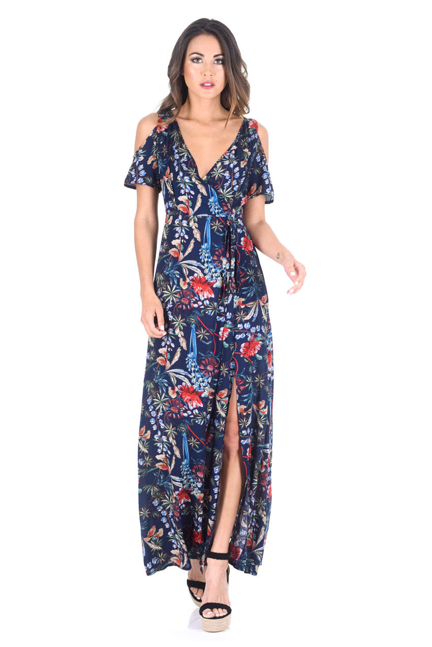 Kikodress - Navy Floral Cold Shoulder Printed Maxi Dress