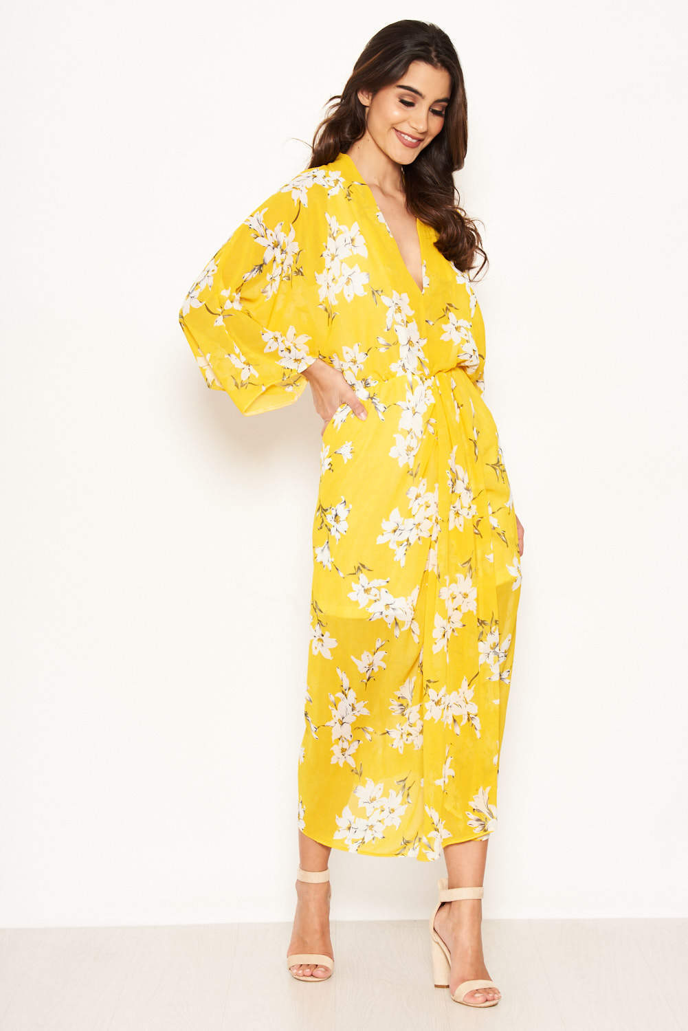 Kikodress - Yellow Floral Kimono Sleeve Maxi Dress