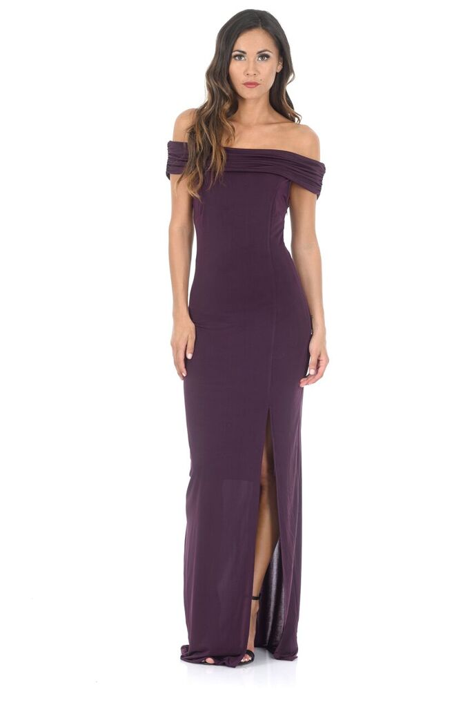 Kikodress - Plum Off The Shoulder Slinky Maxi Dress
