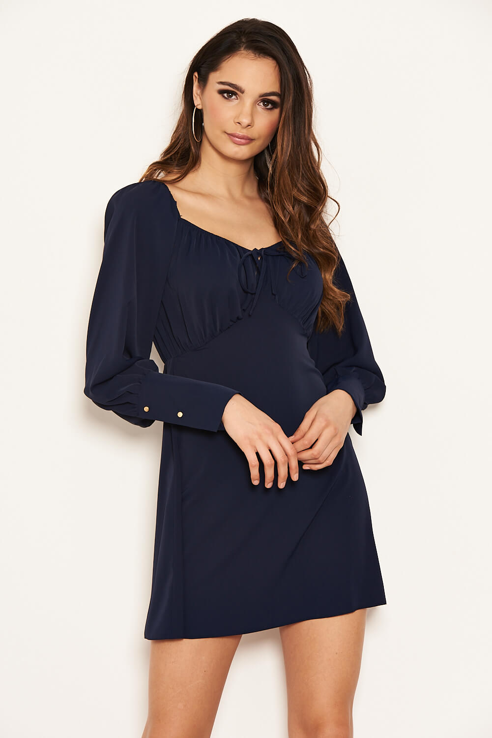 Kikodress - Navy Tie Neckline Long Sleeve Dress