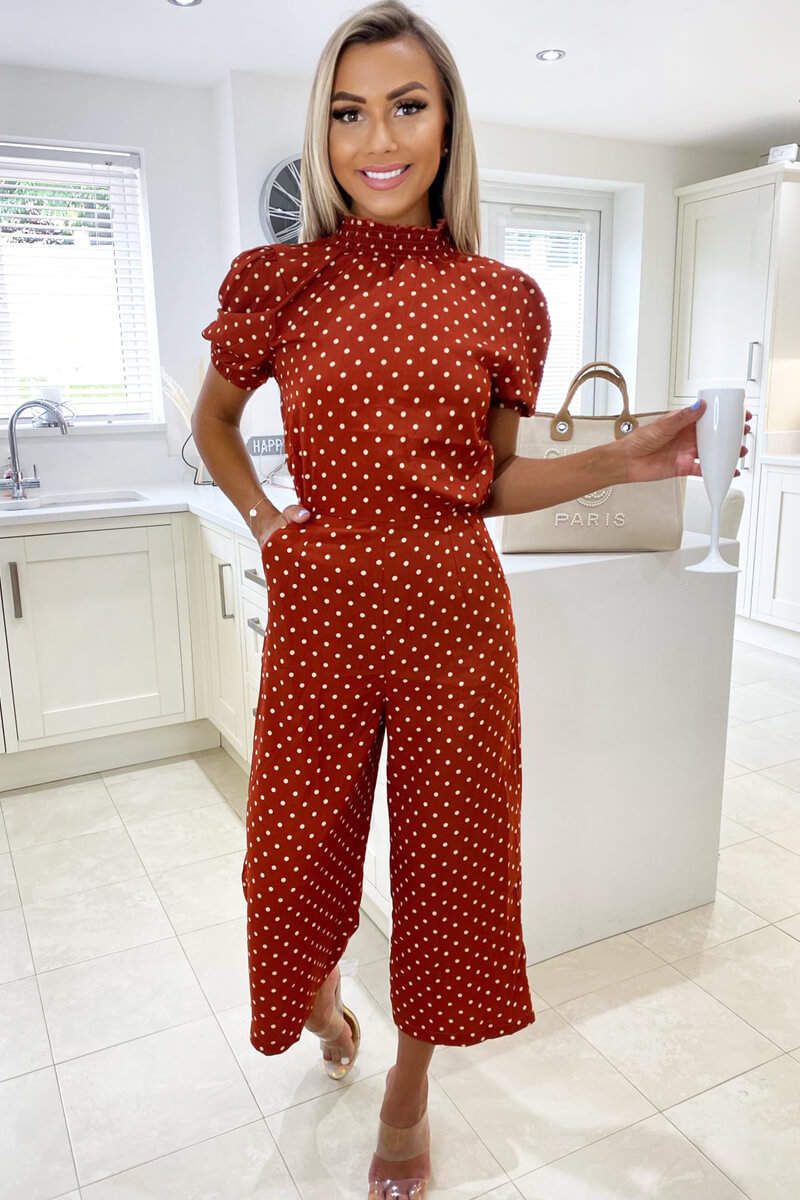 Kikodress - Rust Polka Dot High Neck Culotte Jumpsuit