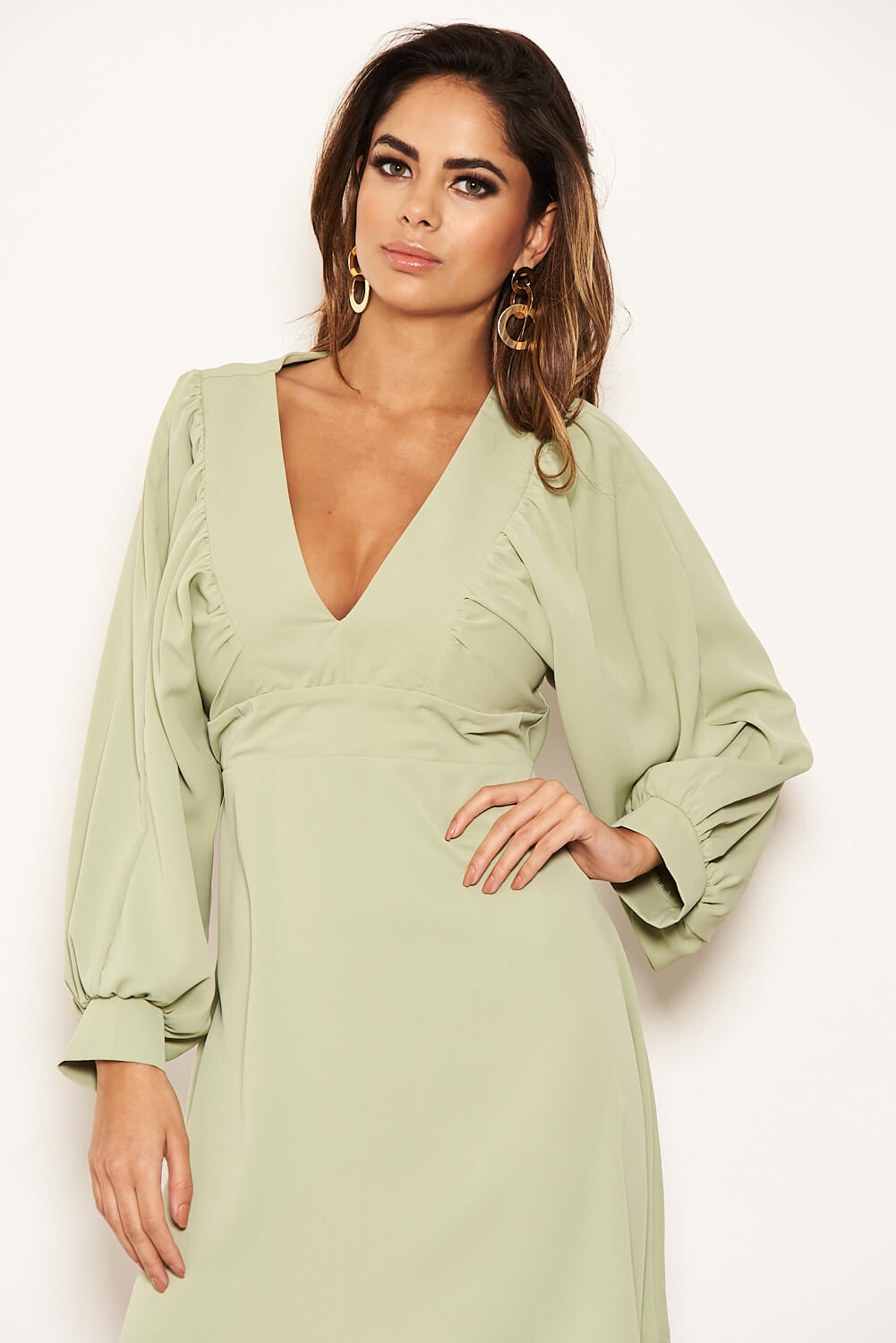 Kikodress - Mint Pleated V Neck Mini Dress