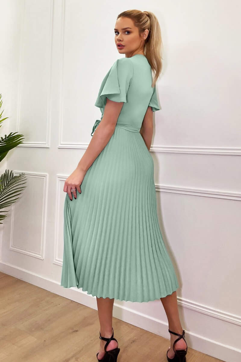 Kikodress - Duck Egg Pleated Midi Dress with Tie Waist