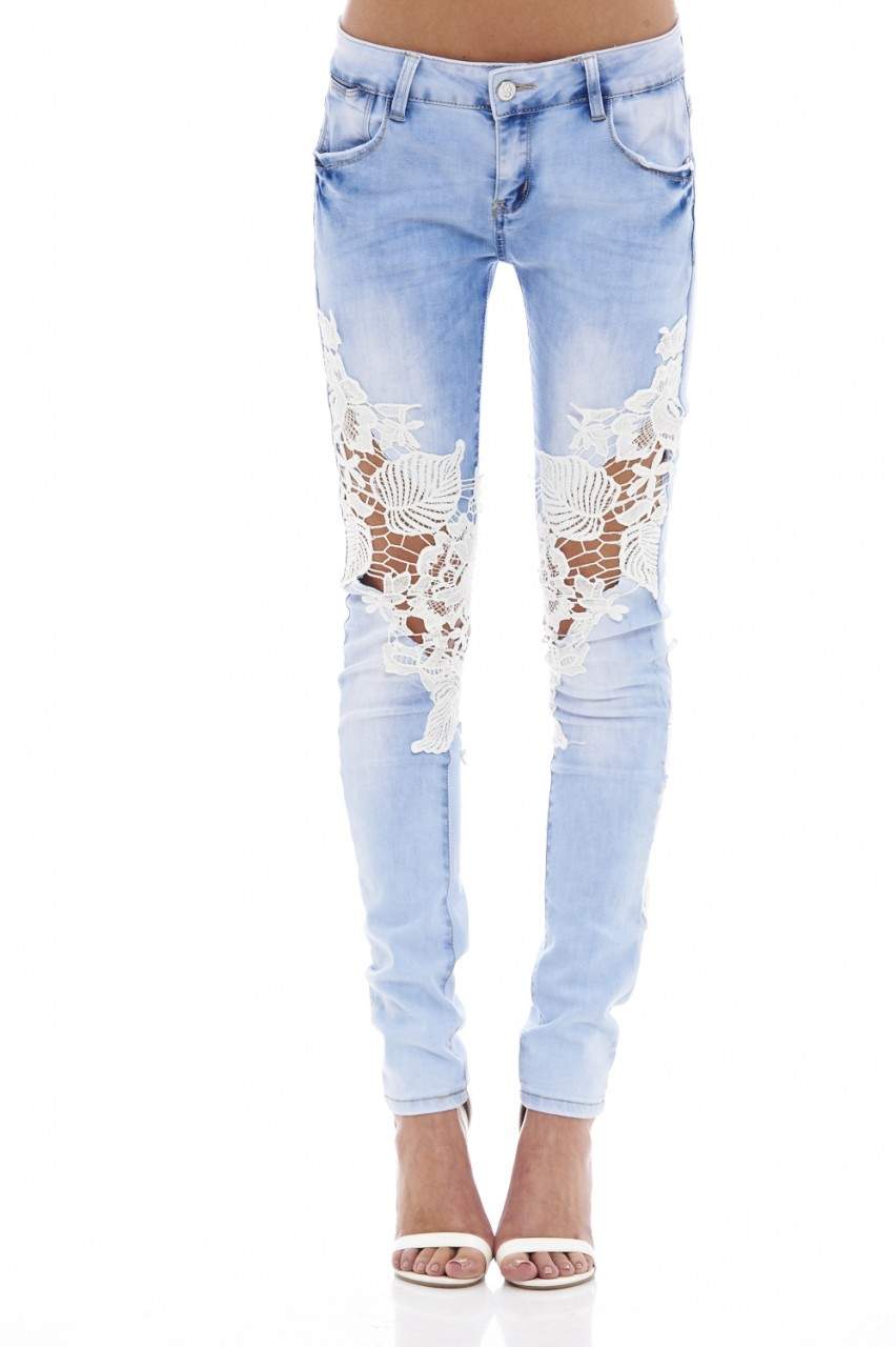 Kikodress - Knee Crochet Denim Jeans