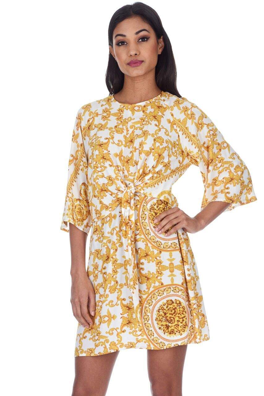 Kikodress - White And Gold Patterned Shift Dress With Flared Sleeves