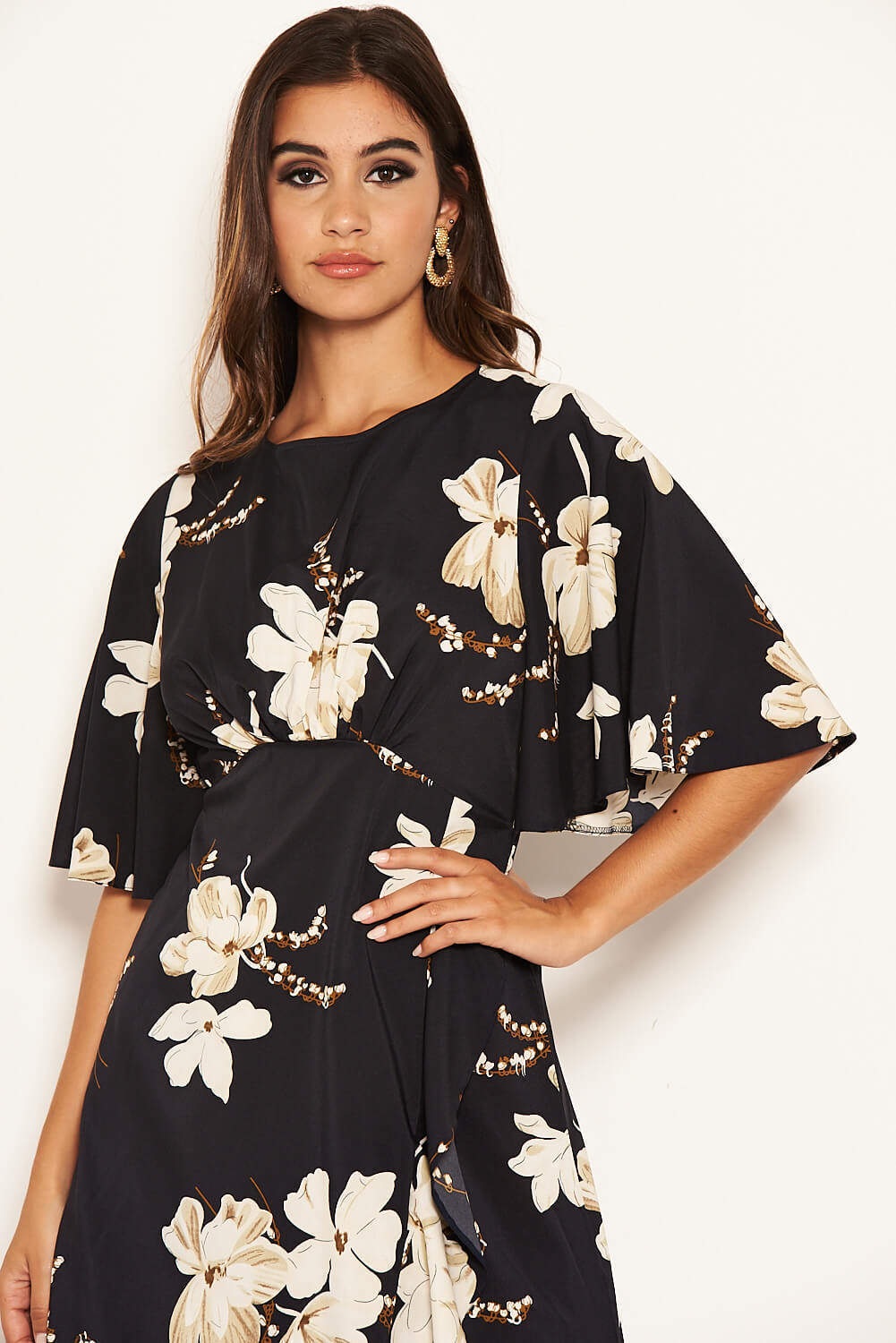 Kikodress - Navy Floral Gathered Frill Midi Dress