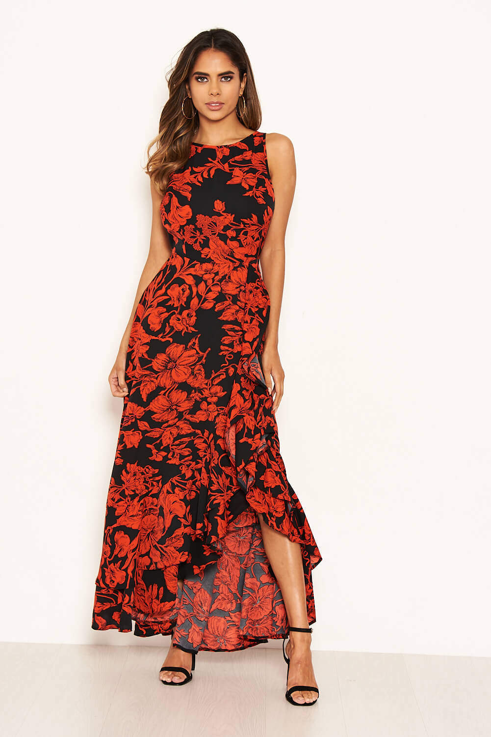 Kikodress - Red Floral Frill Hem Maxi Dress