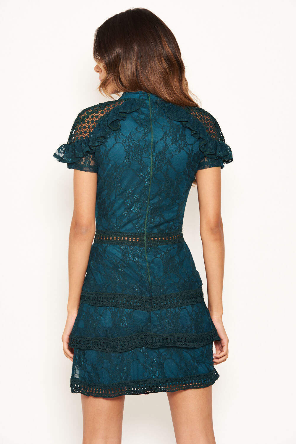 Kikodress - Teal High Neck Lace Layer Frill Mini Dress
