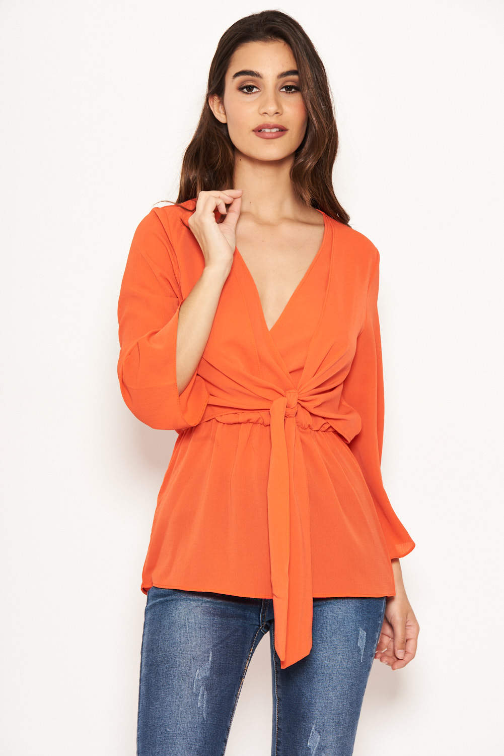 Kikodress - Orange Tie Front Top