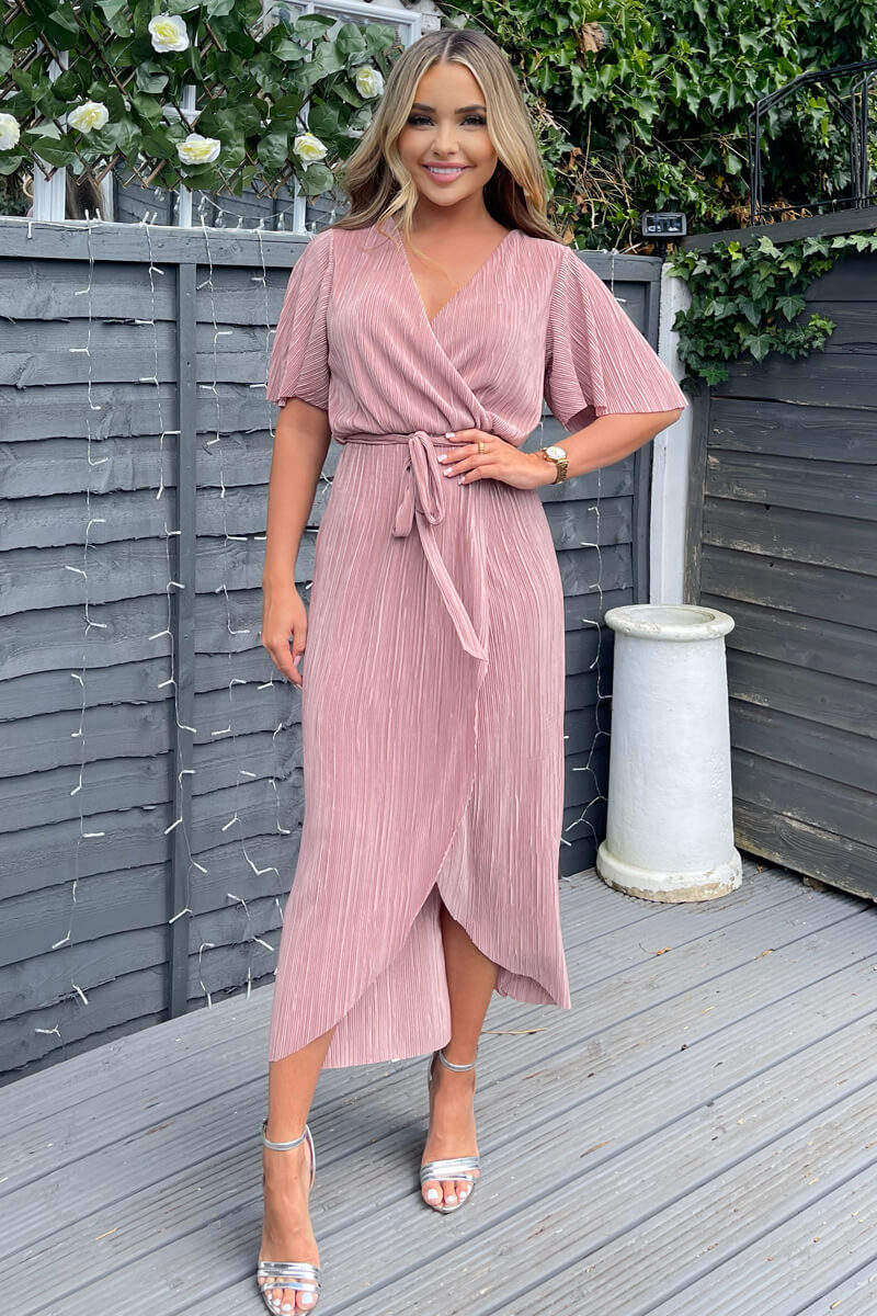 Kikodress - Champagne Wrap Top Belted Short Sleeve Plisse Midi Dress
