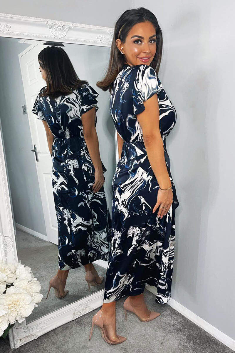 Kikodress - Navy Marble Print Short Sleeve Ruffle Midi Dress