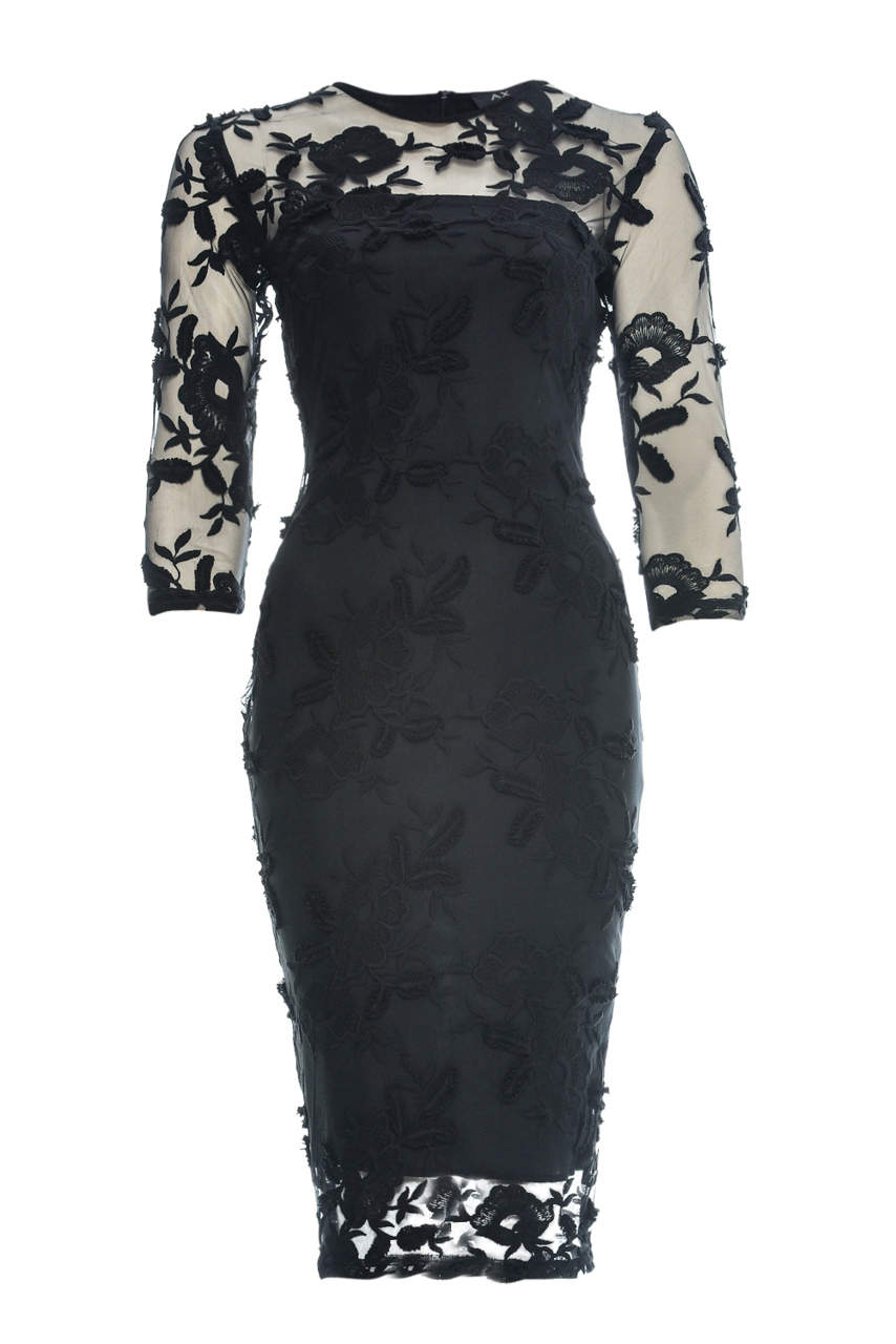 Kikodress - Black Floral Midi Dress with Lace and Long Sleeves