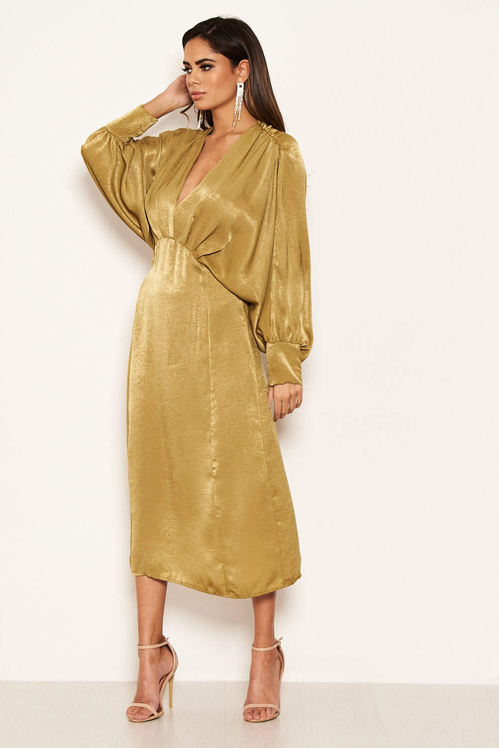 Kikodress - Olive Bat Wing V Neck Midi Dress